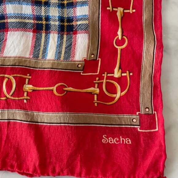 SACHA Vintage Equestrian Stirrup Tartan Plaid Skinny Oblong Scarf - Picture 3 of 13